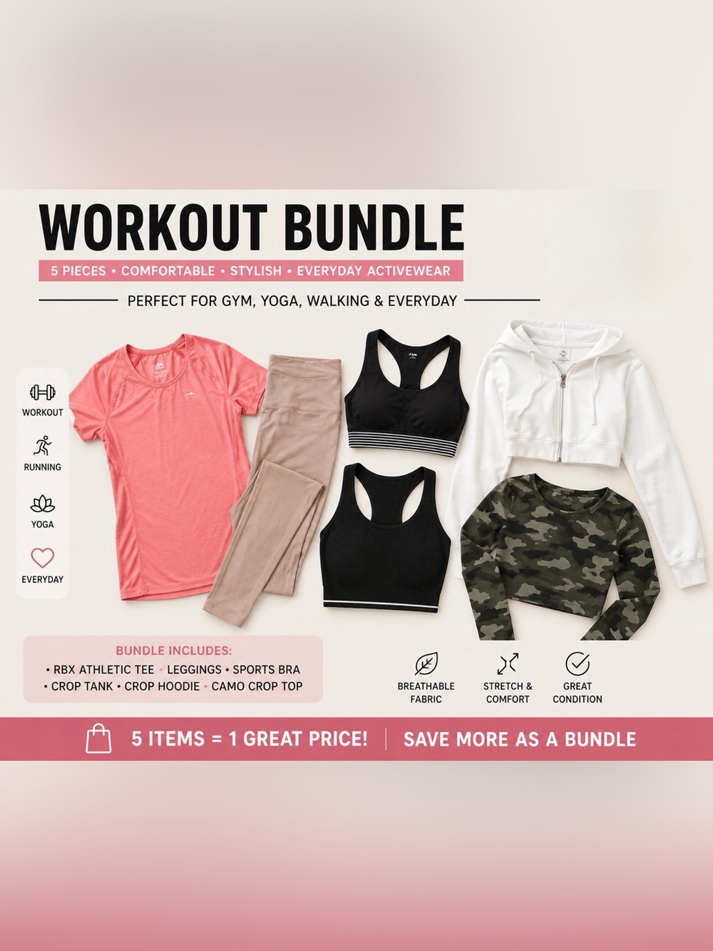 Women’s Activewear Bundle | RBX Tee, Sports Bra, Leggings + Camo Top